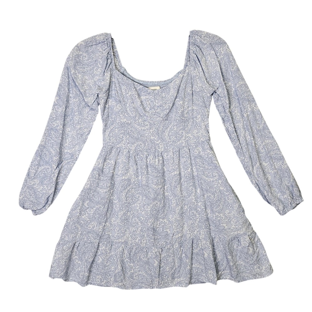 Hollister Paisley Mini Dress Womens Medium Blue Long Sleeve Smocked Boho Tiered - Picture 1 of 9